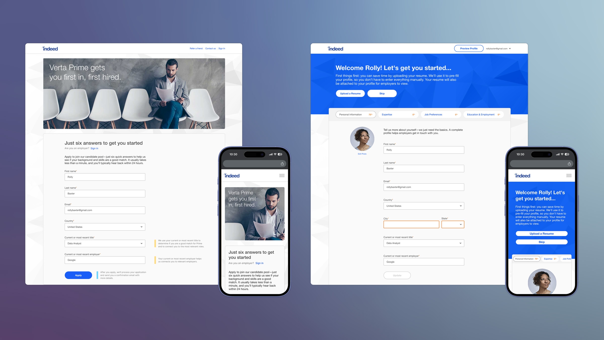 Before-and-after visuals of the redesigned Indeed application experience on desktop and mobile